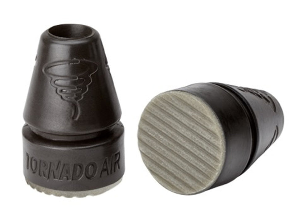 Two black and gray crutch tips with 'Tornado Air' branding on a white background